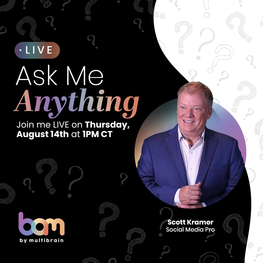 Got a question about social, BAM, branding, or growing your biz? Bring it.

Tomorrow at 1PM CT, Scott Kramer is going live for an Ask Me Anything — zero fluff, just real answers and strategies you can use right away.

📅 August 14
🕐 1PM CT us02web.zoom.us/meeting/regist…