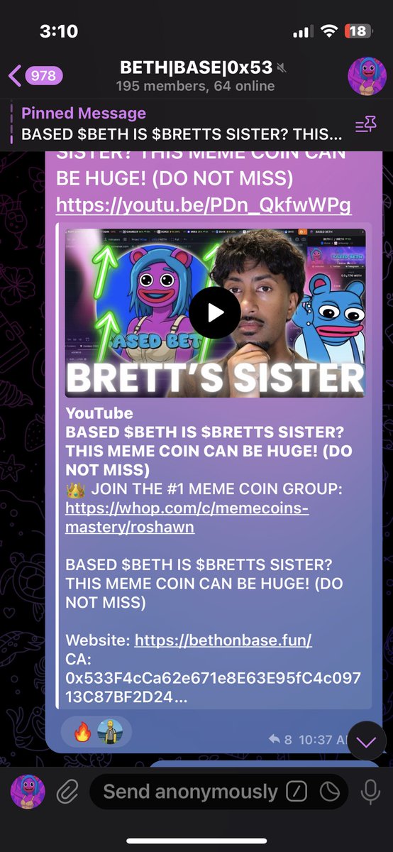 beth_on_base's tweet photo. https://t.co/NwsRCuuavc

Beth just dropped a video.  
#BasedBeth is in full send mode. 

YouTube video dropped  today,  trending and Kols onboarded for the week.  Beth is making big moves.   

Grab your bag and join the moon mission.  

Brett on base won’t be waiting for us.  Let’s go catch him!!