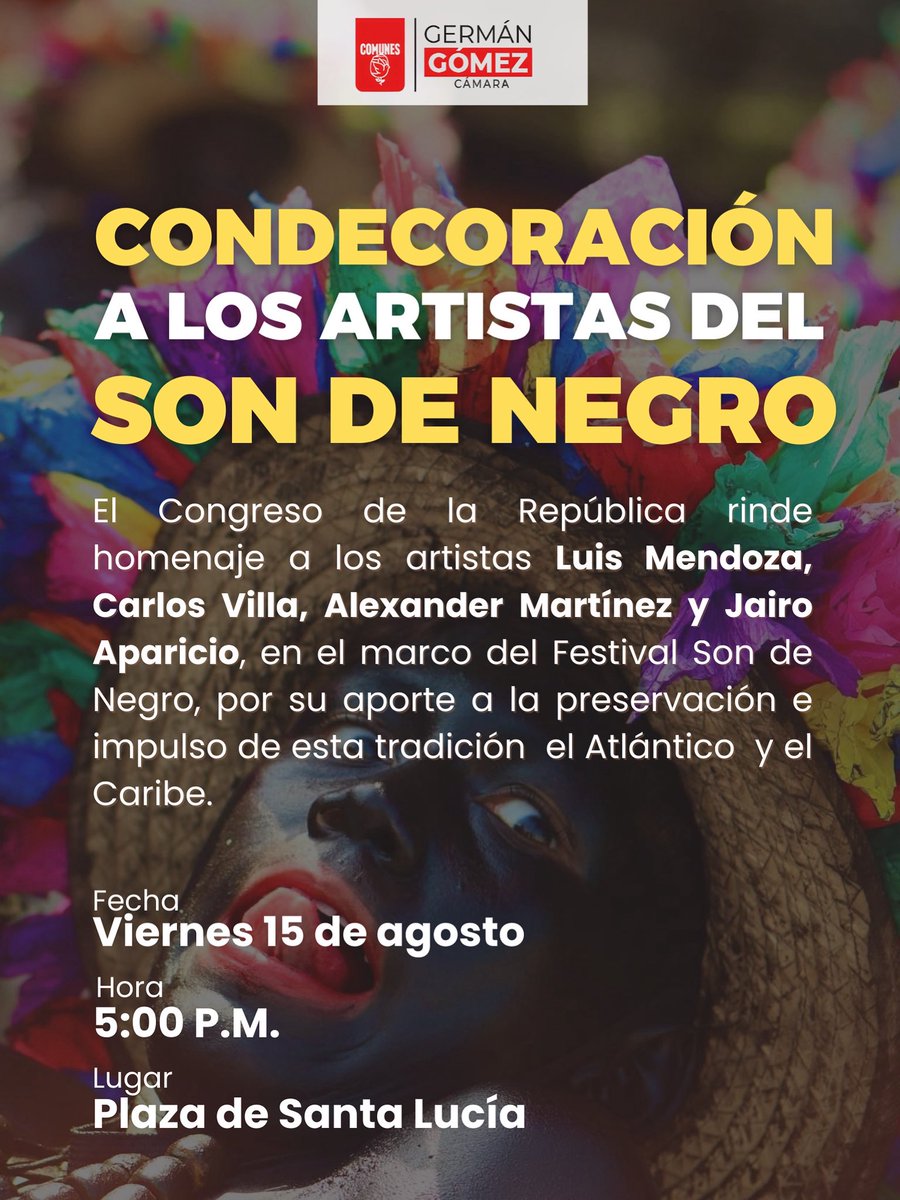 Nos vemos este 15 de agosto en el Festival Son de Negro en Santa Lucía, una celebración que es Patrimonio Cultural de la Nación y orgullo del Caribe. Desde el Congreso de la República rendiremos homenaje a Luis Mendoza, Carlos Villa, Alexander Martínez y Jairo Aparicio por su