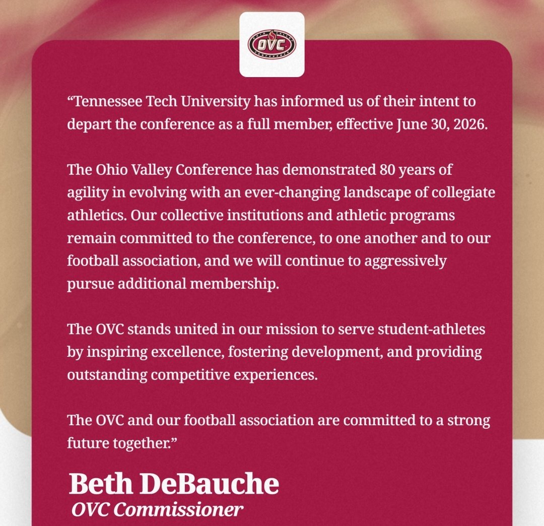 Matt 'Big Dawg' Brucker (@mattbrucker20) on Twitter photo "The OVC stands united" as teams keep bolting under the 'leadership' of <a href="/BethDeBauche/">Beth DeBauche</a>
Someone must be blamed, & it starts at the top
"Aggressively pursue" some more D2 call-ups, and become a bottom-tier conference
That's where Beth has taken us
OVC used to mean something "The OVC stands united" as teams keep bolting under the 'leadership' of <a href="/BethDeBauche/">Beth DeBauche</a>
Someone must be blamed, & it starts at the top
"Aggressively pursue" some more D2 call-ups, and become a bottom-tier conference
That's where Beth has taken us
OVC used to mean something