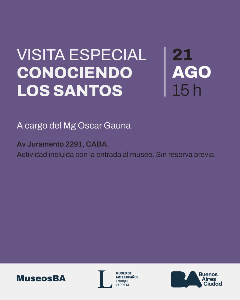 📖 “Conociendo los santos en la Colección del Museo Larreta”

El recorrido a cargo del Mg. Oscar Gauna, estará dedicado a San Sebastián, uno de los santos más representados en la iconografía cristiana.

⏰ Jueves 21/8 - 15 h.
📌 Actividad incluida con la entrada al museo.