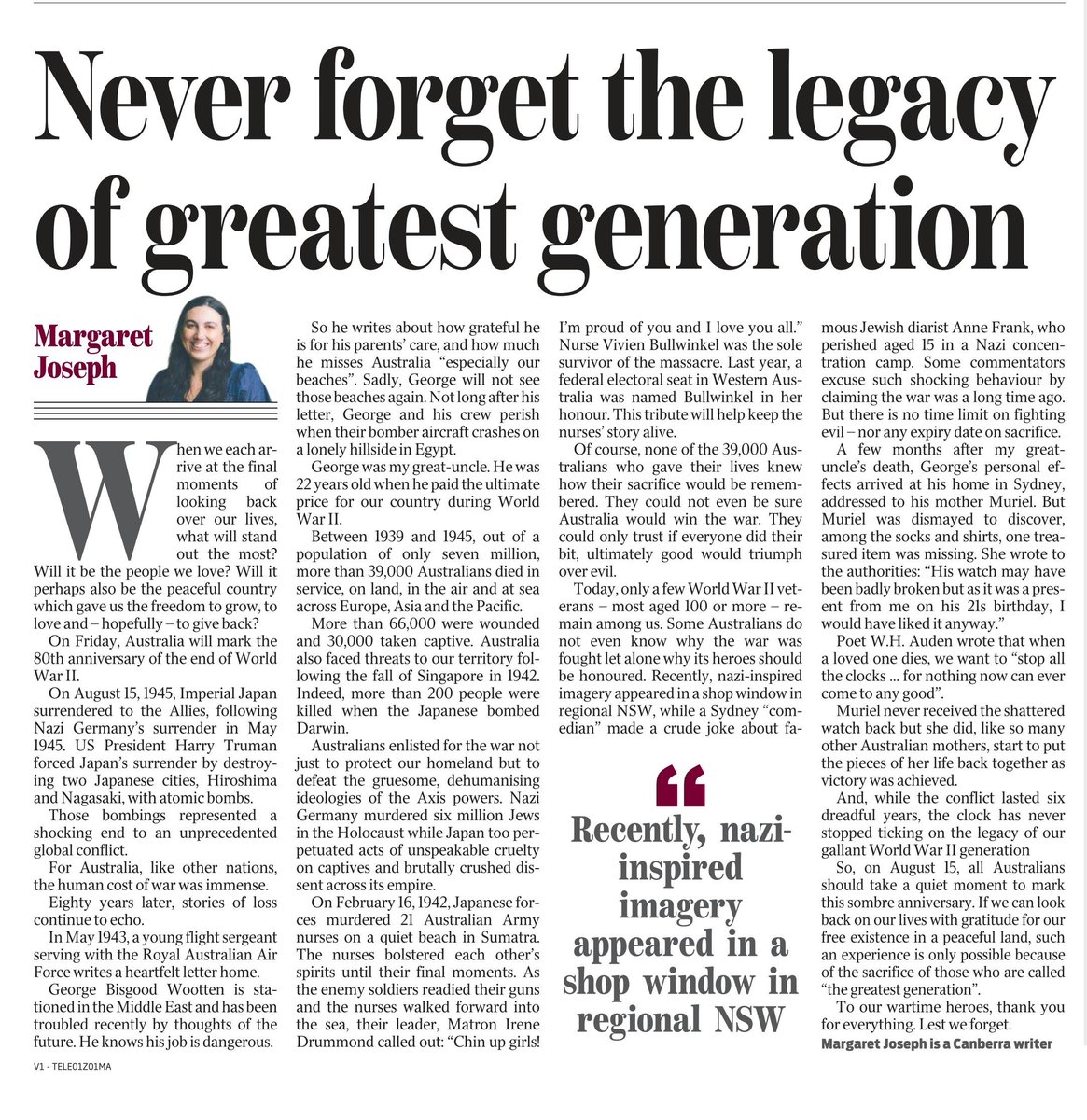 MmarianneJoseph's tweet photo. World War II ended 80 years ago. But there is no time limit on fighting evil nor any expiry date on sacrifice. My op ed in today's Daily Telegraph. https://t.co/iJCFJ2pQI7