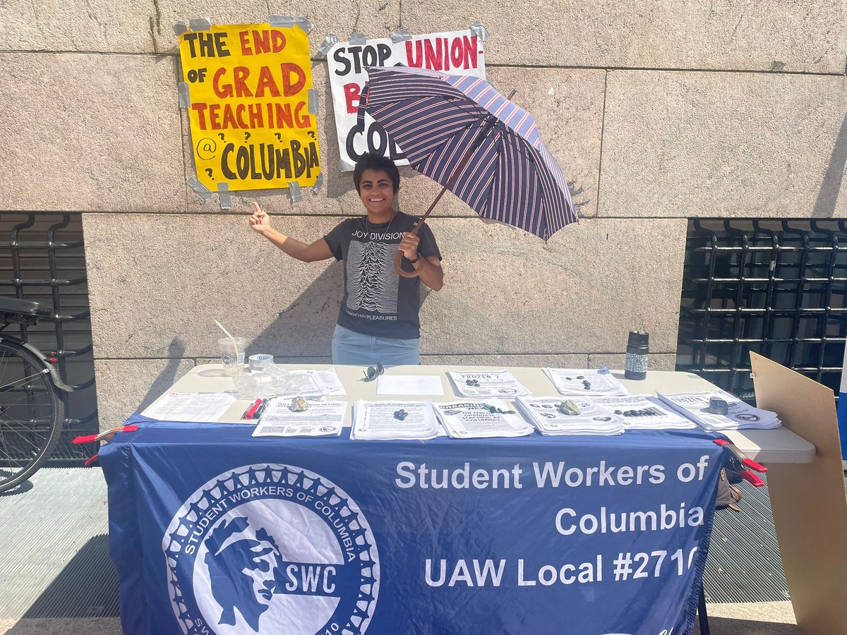 We’re tabling every day in the sun to talk about the teaching jobs Columbia cut. One of our supporters just came by to drop off this umbrella for shade. What a hero! You can support us too — donate to our hardship fund to offset members’ lost wages at tinyurl.com/swac-partner