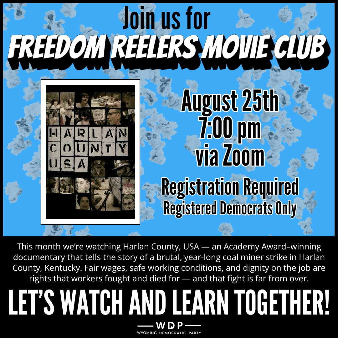 We’re getting a head start on Labor Day by discussing the award-winning documentary, Harlan County, USA — the story of Kentucky coalminers' fight for fair wages, safe working conditions, &amp; dignity on the job. 

📅 Aug. 25th
⏰ 7:00 PM
🔗 Register here: us06web.zoom.us/meeting/regist…