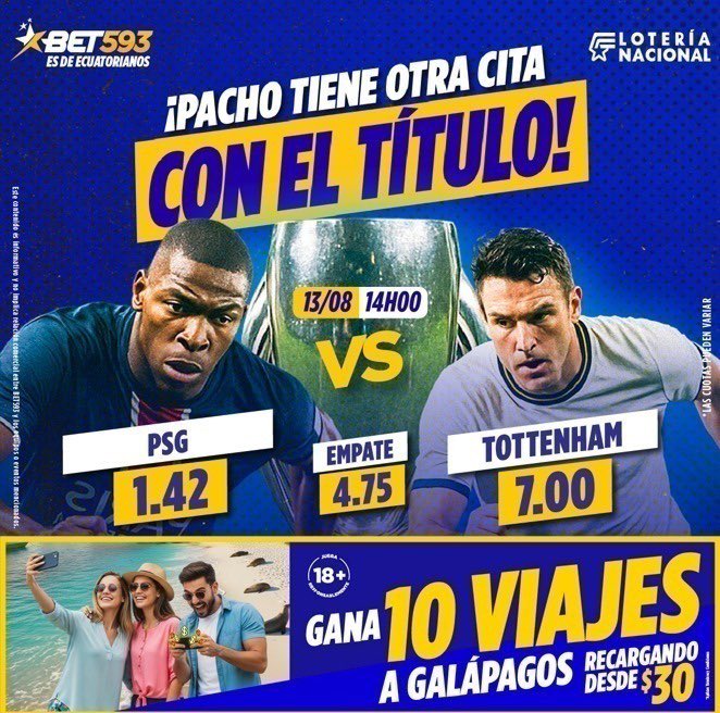 mabelbastidas's tweet photo. ¡Hoy gran duelo de gigantes! 🔥⚽️ El PSG busca seguir dominando Europa, pero los Spurs quieren sorprender sumando tres puntos claves. 

👉 Pronostica ya con @bet593  porque es de ecuatorianos para ecuatorianos.

#bet593 #Bet593EsDeEcuatorianos https://t.co/tbvce8tJQN
