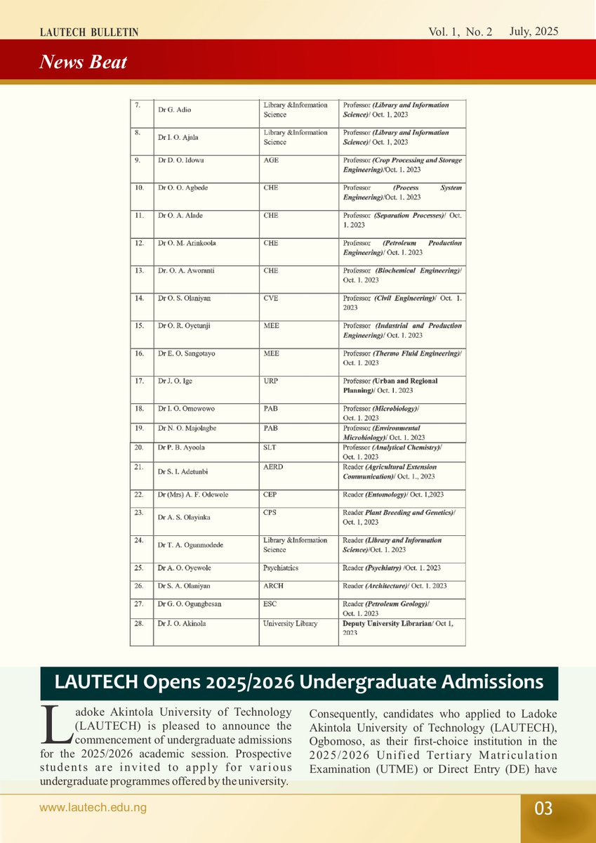 lautechofficial's tweet photo. July edition of the LAUTECH Bulletin

Welcome to the July Edition of the LAUTECH BULLETIN, a monthly news publication of the University.
Thread  
 #lautech #bulletin #innovation #edition #execellence https://t.co/CEhJIySQLt