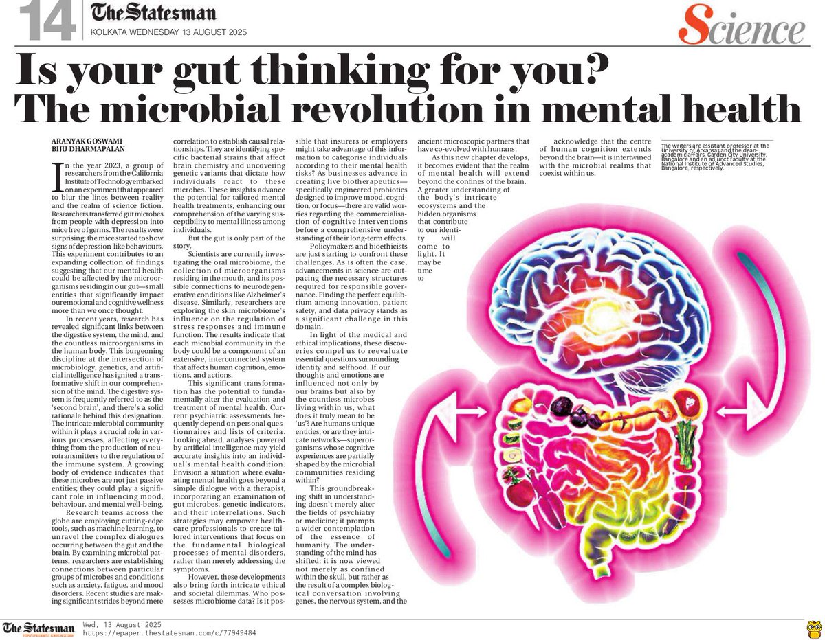 arangos47's tweet photo. 📰 Just out in The Statesman (13 Aug 2025):
 "Is Your Gut Thinking for You?"
How your gut microbes might be shaping your brain 🧠🦠
Mental health, mood, cognition—it's not just in your head anymore.
🧬📰 #Microbiome #MentalHealth #GutBrain #TheStatesman #SciComm https://t.co/aLlwmL1nZ7