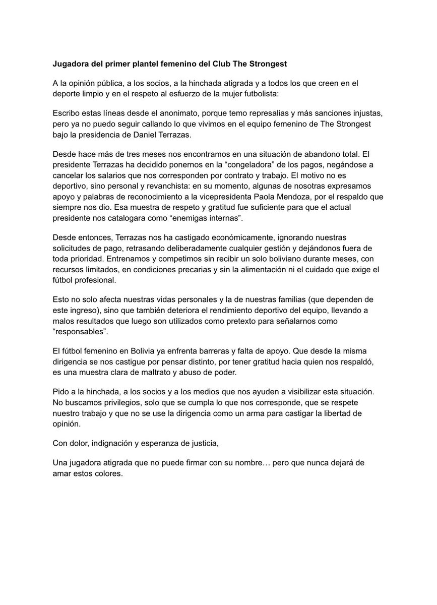 En menos de un año, dos jugadoras del plantel femenino de The Strongest, bajo distintas dirigencias, denunciaron públicamente el incumplimiento en el pago de sus salarios, situación que las dejó en vulnerabilidad económica y emocional.