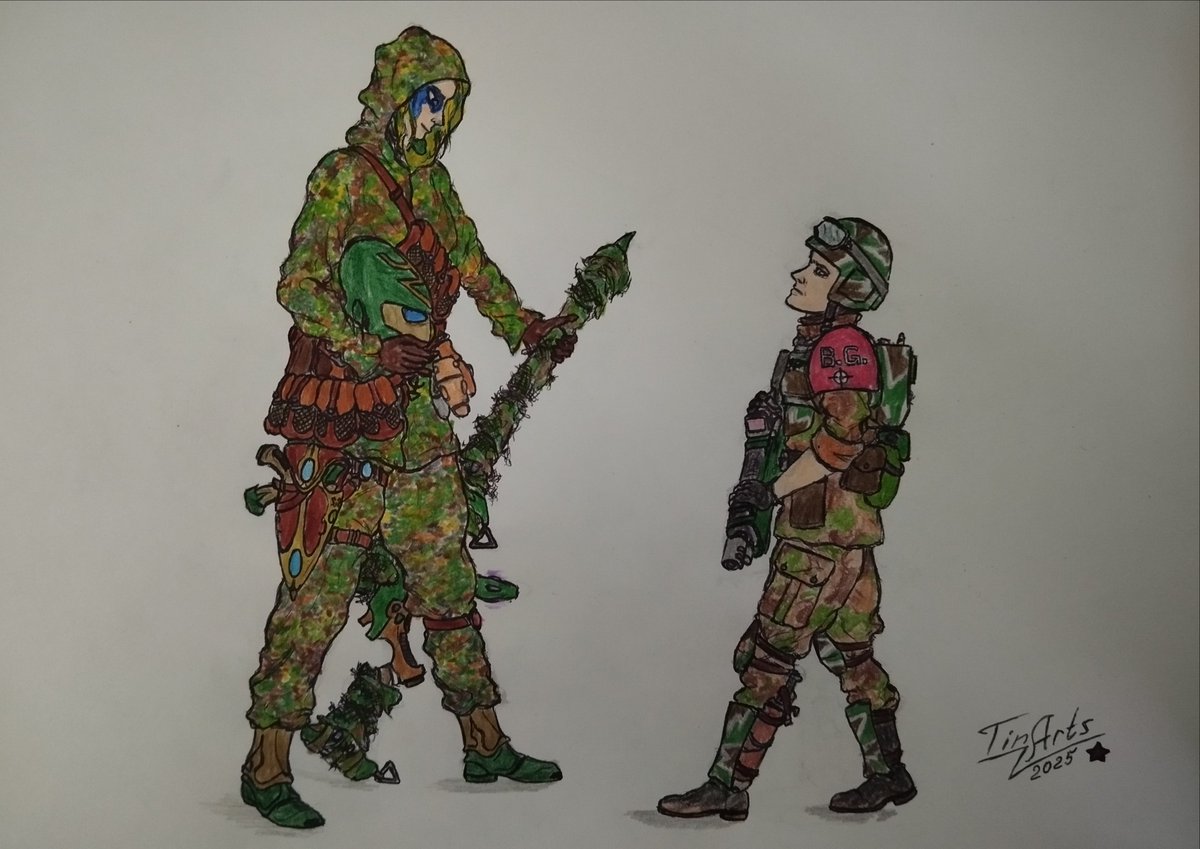 A little sketchy and colored #traditionalart gift for my colleague and friend. 

Again I did #warhammer40k drawing... with my (tacticool) Eldar ranger Tin'Inra Nialith, and friend's brave guardsman (a bit tacticool too).
