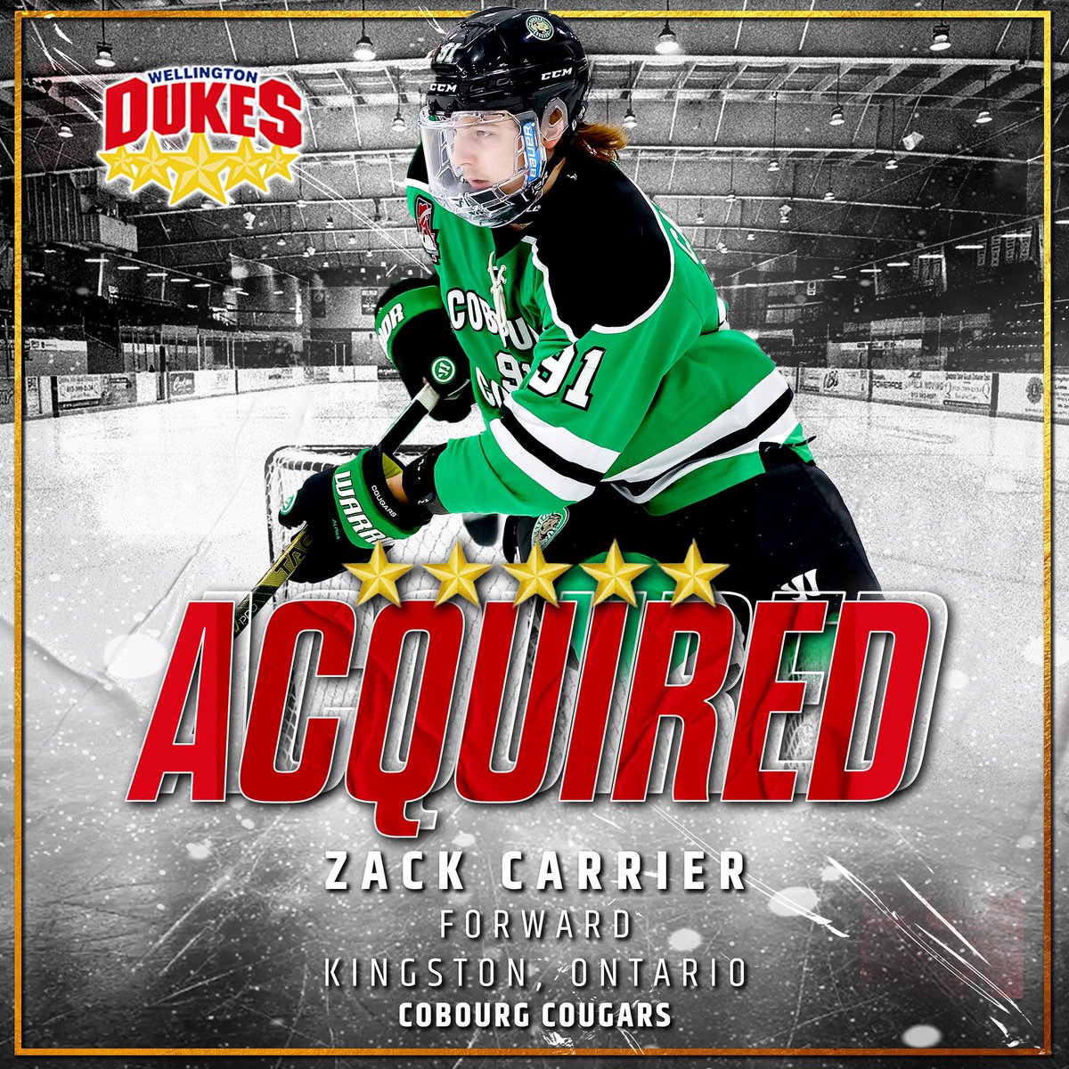 The Wellington Dukes are excited to announce the reacquisition of 2007 born forward Zack Carrier from the Cobourg Cougars in exchange for Mason Goodfellow. 

The Kingston, Ontario native had 41pts (17G,24A) in 52 games last season!

Welcome back to Welly, Zack!