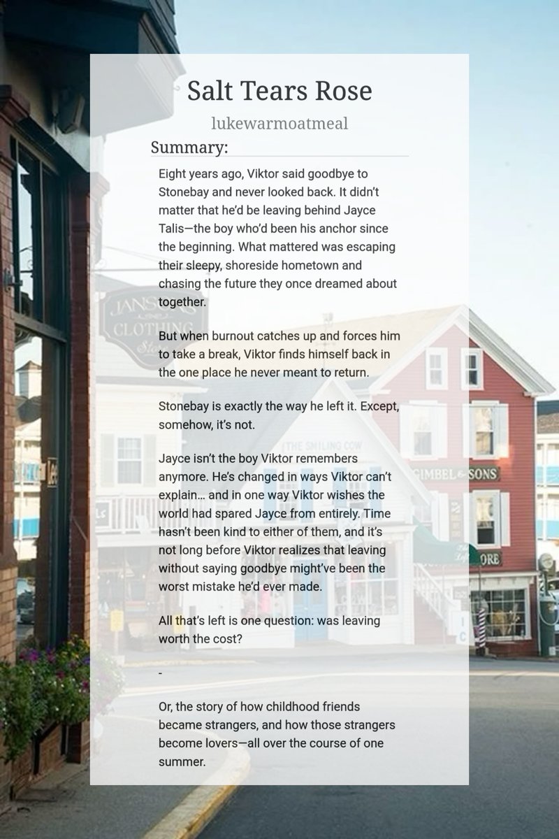 🌊SALT TEARS ROSE || a jayvik summer au🌊

🐚ch 1 of 10 (11.6k words)
🌺childhood friends to strangers to lovers
🐚slow burn getting together, second chances
🌺disabled Jayce
🐚art by me
🔗archiveofourown.org/works/68646246…
#jayvik #jayvikfanfiction #jayvikfanart #ao3 #arcane