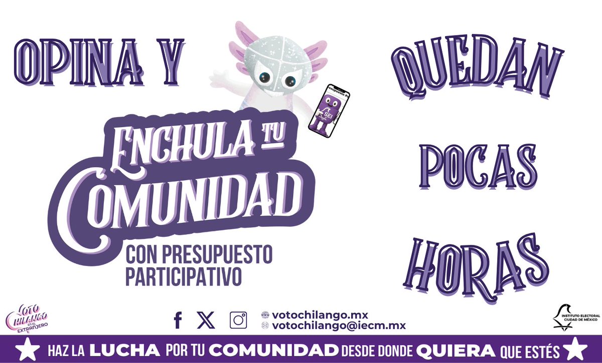 📣 ¡Quedan pocas horas!

🌍Chilanga, chilango, si te registraste en julio, apúrate a opinar en el #PresupuestoParticipativo 

🗳️Elige y #EnchulaTuComunidad desde la app SEI del <a href="/iecm/">IECM</a>.

Revisa los proyectos: shorturl.at/PXyAJ

¡Tienes hasta mañana a las 5 pm (hora de CDMX)!
