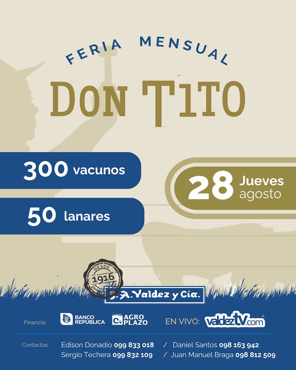 📣 Próxima feria mensual Don Tito
🗓️Jueves 28 de agosto

¡Sumate a este gran remate!