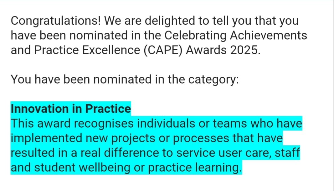 Lovely to be nominated for an Award at University of Chester CAPE awards 2025