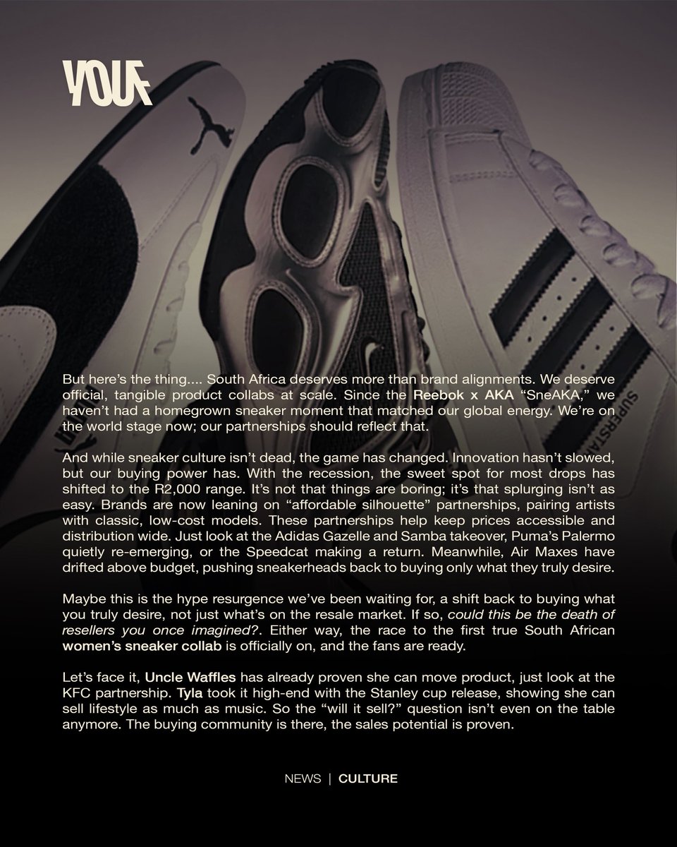 youf_co_za's tweet photo. 🚨 The race is on. Tyla, Waffles, Zee Nxumalo — who’s gonna lock in the first official sneaker collab? 👟💨 We’ve seen the buying power, we’ve seen the hype… now we just need the product. Drop your pick 👇
#YoufNews #YOUtheFuture #SneakerCulture #CollabSeason https://t.co/Th6ikbTngF