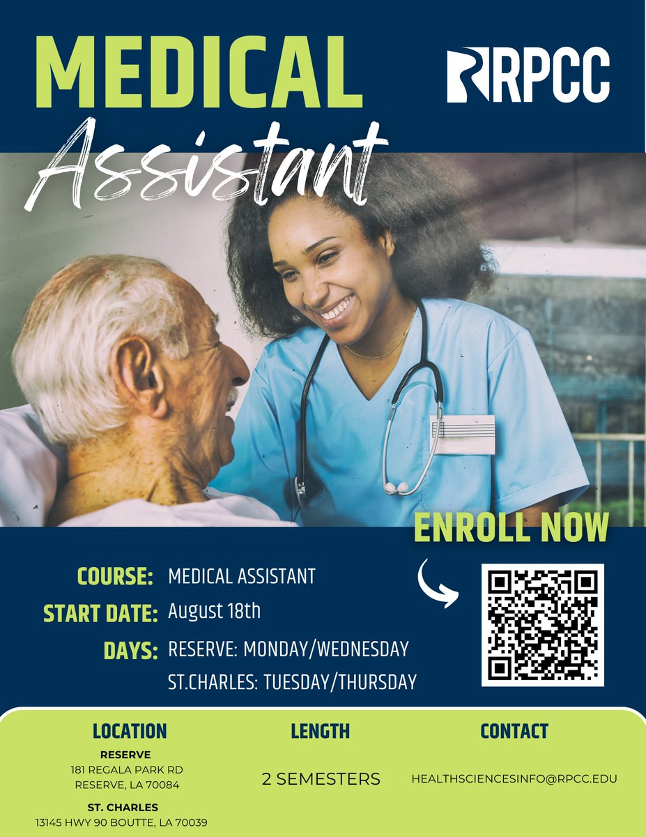 RiverParishesCC (@riverparishescc) on Twitter photo 📣 Ready to jumpstart your career in healthcare? Our Medical Assistant program starts August 18, 2025!
📍 Locations: St. Charles (Tues/Thurs) & Reserve (Mon/Wed)
🔗 Register Today: apply.lctcs.edu/Home/Undergrad…
📧 Questions? Email HealthSciencesInfo@rpcc.edu 📣 Ready to jumpstart your career in healthcare? Our Medical Assistant program starts August 18, 2025!
📍 Locations: St. Charles (Tues/Thurs) & Reserve (Mon/Wed)
🔗 Register Today: apply.lctcs.edu/Home/Undergrad…
📧 Questions? Email HealthSciencesInfo@rpcc.edu