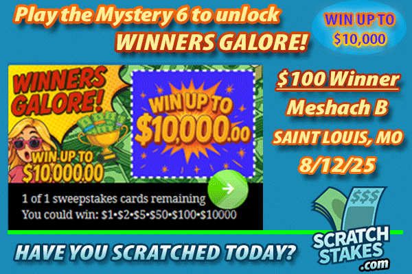 🥳Congrats, Meshach B. of Saint Louis, Missouri, $100 Winners Galore #Winner!🏆

🔓Unlock the daily Mystery 6 game to #win up to $20,000 Cash!💸
🤔Have you scratched today?
👉 ow.ly/YQsf50WFice