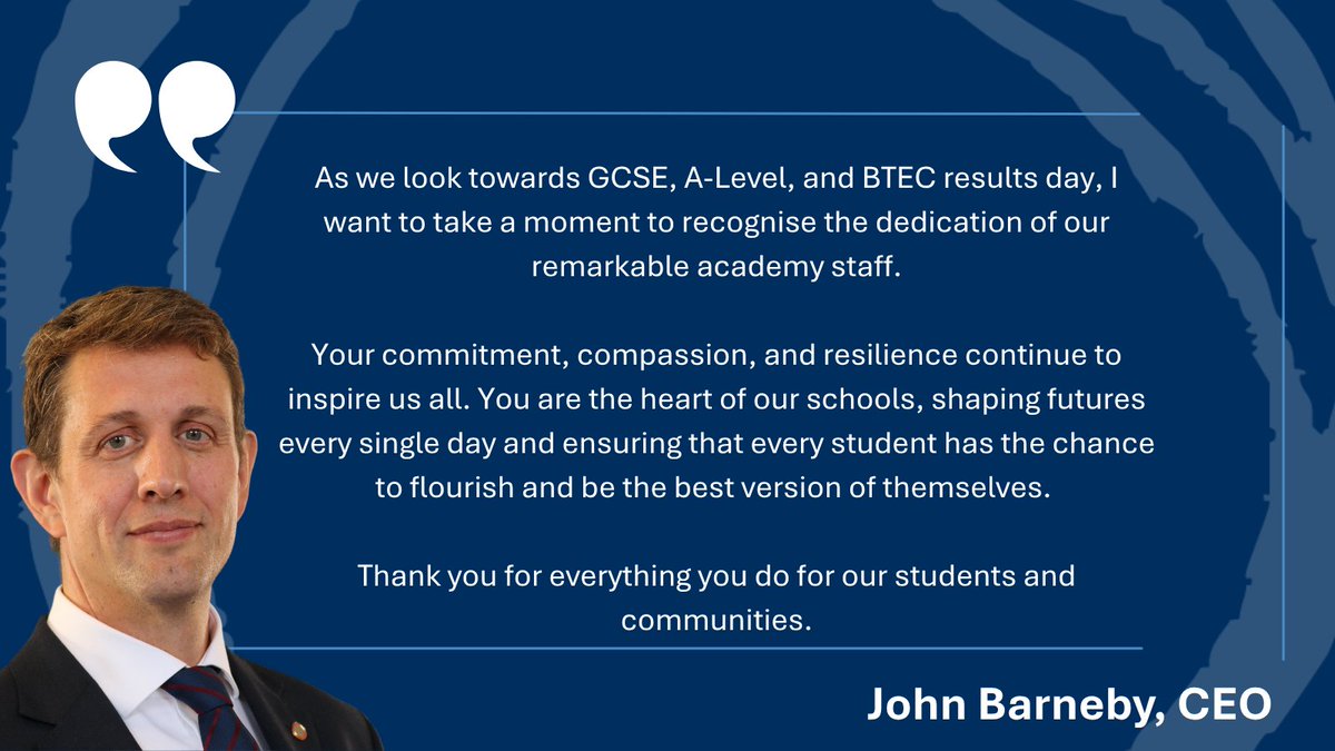 Oasis Academies (@oasisacademies) on Twitter photo As we approach results season, our CEO, <a href="/JohnBarneby/">John Barneby</a>, shares his thanks to all of our #Remarkable leaders, teachers and staff.
We’re behind our students every step of the way and excited for what’s ahead.
#GCSEResultsDay #AlevelResultsDay #BTECResultsDay As we approach results season, our CEO, <a href="/JohnBarneby/">John Barneby</a>, shares his thanks to all of our #Remarkable leaders, teachers and staff.
We’re behind our students every step of the way and excited for what’s ahead.
#GCSEResultsDay #AlevelResultsDay #BTECResultsDay