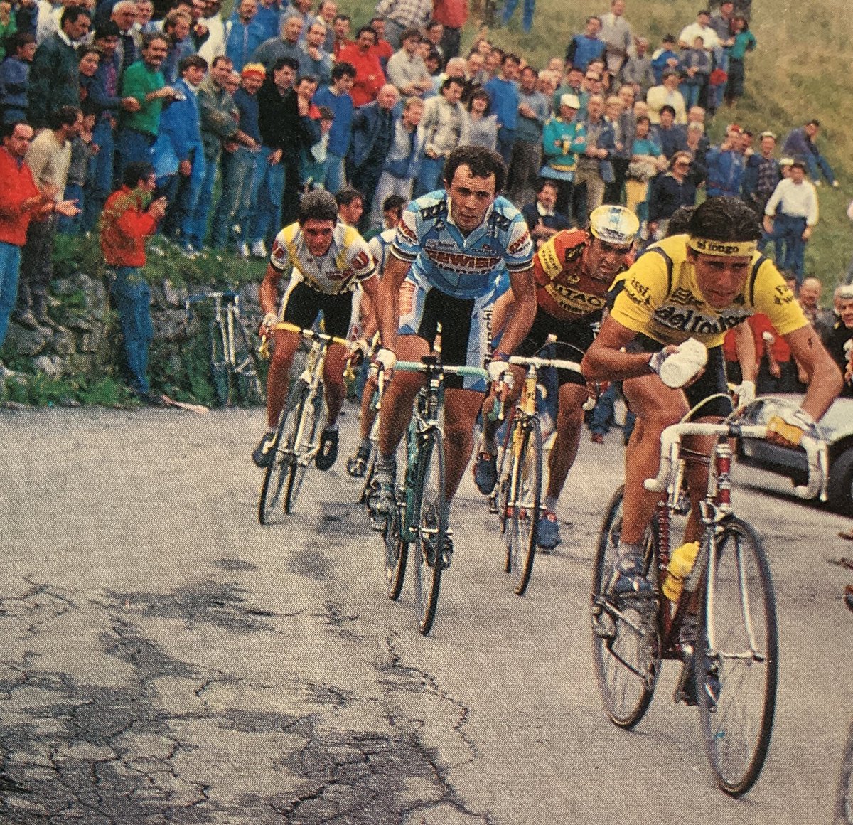 Flavio Giuopponi, Moreno Argentin ( winner), Claude Criquielion, and Eric Boyer form the lead group at the 1987 Tour of Lombardy.