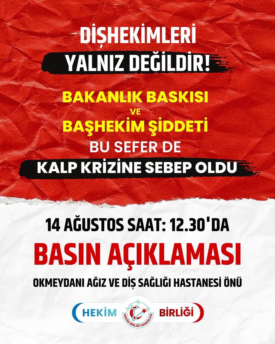 🚨 #PuanBaskısıŞiddettir🚨

Hekimleri “puan” üzerinden baskılayan, mobbing aracına dönüştürülen sistem ölümcül boyuta ulaşmıştır. Okmeydanı Ağız ve Diş Sağlığı Hastanesi’nde meslektaşımız, başhekim odasındaki tartışma sırasında kalp krizi geçirmiştir.

Artık Yeter! Hekime yönelik