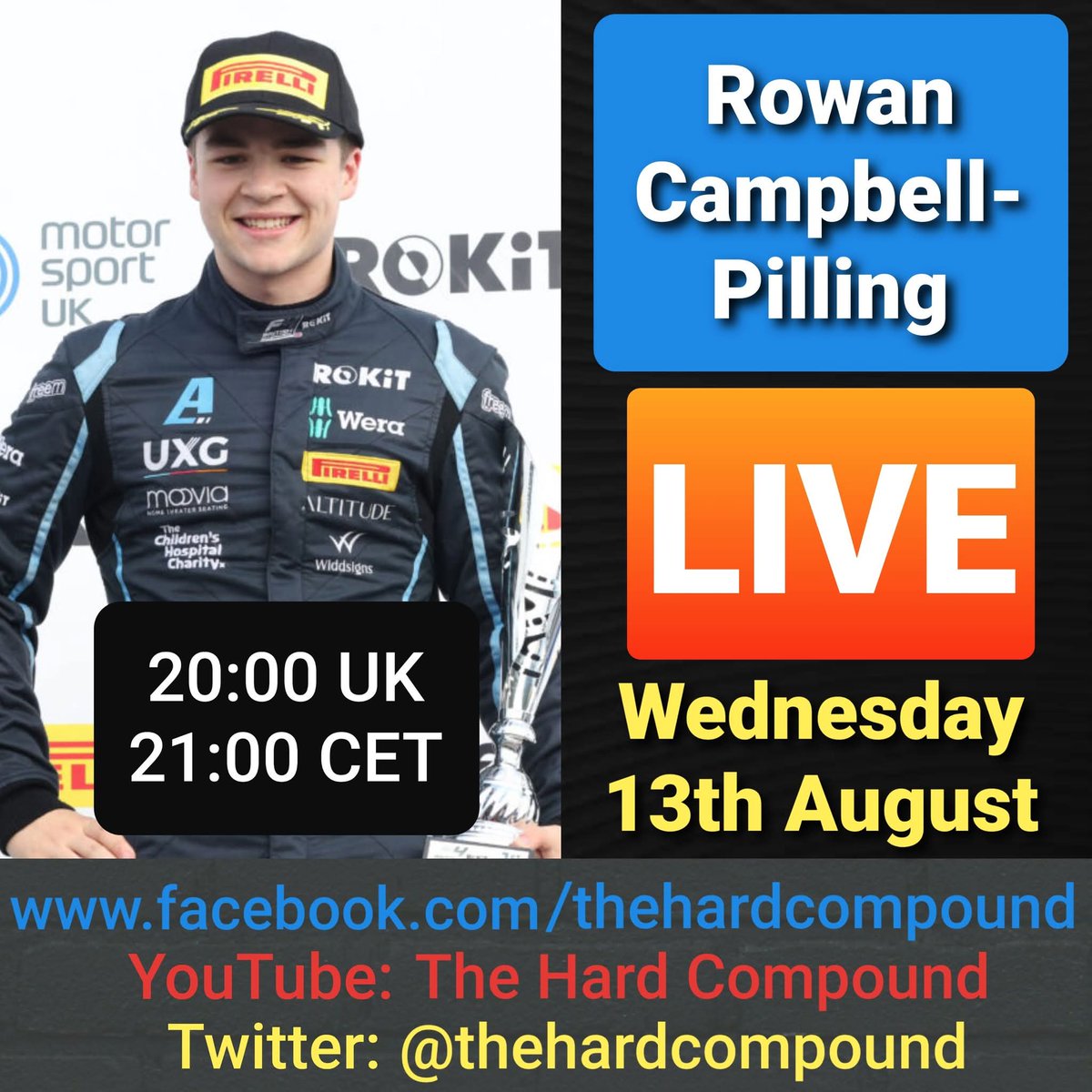 The Hard Compound (@thehardcompound) on Twitter photo **STARTING SOON**
Live chat / Q&A with <a href="/JHRdevelopments/">JHR Developments</a>' <a href="/BritishF4/">Wera Tools British F4</a> racer <a href="/officialrowancp/">Rowan Campbell-Pilling</a>
We'll discuss <a href="/F1/">Formula 1</a>, the feeder series' ladder, karting, the <a href="/MtrsportAcademy/">Motorsport UK Academy</a>, the F1 journey & its challenges, partnerships & more.
Come and join us โฌ๏ธโฌ๏ธ
#qanda #F1 #Livestream #f4 **STARTING SOON**
Live chat / Q&A with <a href="/JHRdevelopments/">JHR Developments</a>' <a href="/BritishF4/">Wera Tools British F4</a> racer <a href="/officialrowancp/">Rowan Campbell-Pilling</a>
We'll discuss <a href="/F1/">Formula 1</a>, the feeder series' ladder, karting, the <a href="/MtrsportAcademy/">Motorsport UK Academy</a>, the F1 journey & its challenges, partnerships & more.
Come and join us โฌ๏ธโฌ๏ธ
#qanda #F1 #Livestream #f4