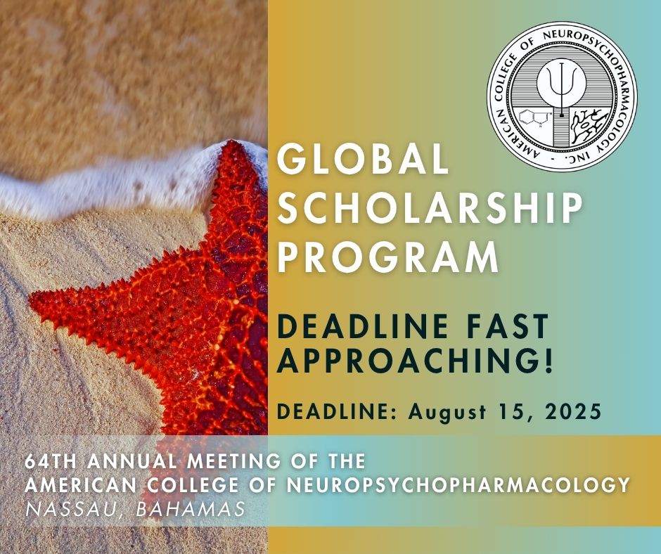 ACNPorg's tweet photo. Deadline Fast Approaching! Global Scholarship Applications are open for the ACNP 64th Annual Meeting: January 12-15, 2026, Nassau, Bahamas. The deadline to submit is August 15, 2025, at 5:00pm Central. #ACNP2026 Click here for more info: https://t.co/U9QQxF1swT https://t.co/H47Ry2xLuP