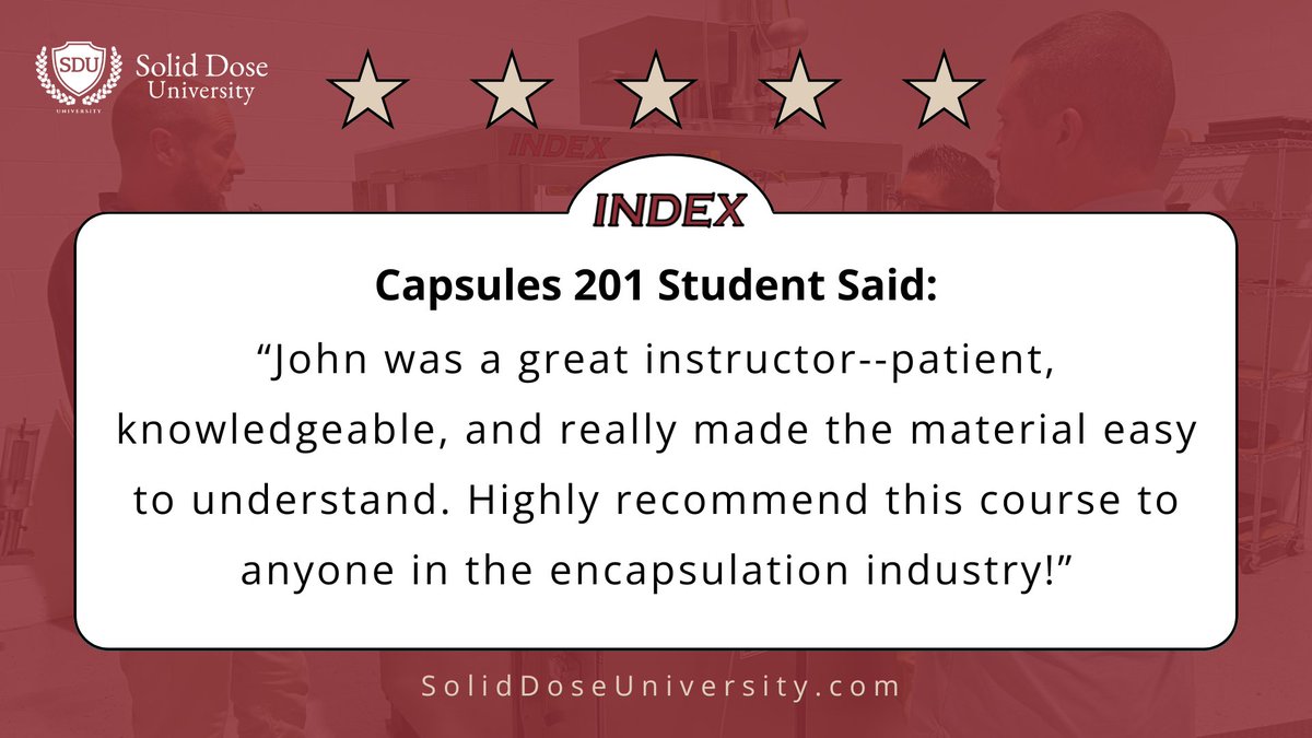A valued team member at Index, John, is also an instructor <a href="/SolidDoseU/">Solid Dose University</a>. Making encapsulation easy to understand, Index is proud to have an industry expert like John on our team. Learn more here: hubs.ly/Q03CzNNV0
