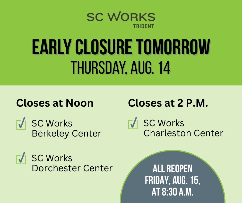 Don't miss us! ⏰ Our centers are closing early tomorrow. We will be back Friday, Aug. 15, at 8:30 a.m. ready to serve you. 

Hours for Thursday, Aug. 14
✅ Berkeley Center: 8:30 a.m. - noon
✅ Dorchester Center: 8:30 a.m. - noon
✅ Charleston Center: 8:30 a.m. - 2 p.m.