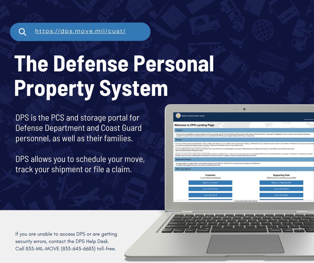USNavy's tweet image. 🚚 Got PCS orders? Start with DPS—the official tool to:
✅ Schedule your HHG move
✅ Track shipments
✅ Upload docs
✅ File claims

Access DPS via militaryonesource.mil → “Plan My Move”

#PCSseason #MilitaryMove #DPS #HHG #PCStips
