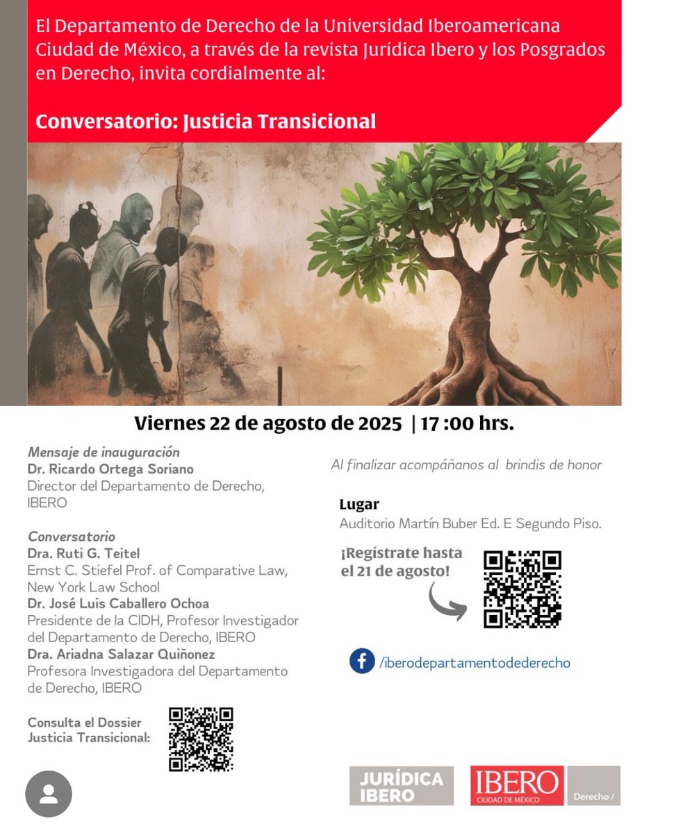 Te invitamos a conversar sobre justicia transicional con  <a href="/rutiteitel/">Ruti Teitel</a>, <a href="/JoseLCaballero/">José Luis Caballero Ochoa</a>, <a href="/AriSalazarQ/">Ariadna Salazar</a> y <a href="/ricardo__ortega/">Ricardo Ortega</a> .
🗓️‼️ 22-Ago-2025 
⏰ 17:00 horas

Sobre este tema, consulta el dossier de <a href="/JuridicaIbero/">Jurídica Ibero</a> 👉🏾 juridica.ibero.mx/index.php/juri…