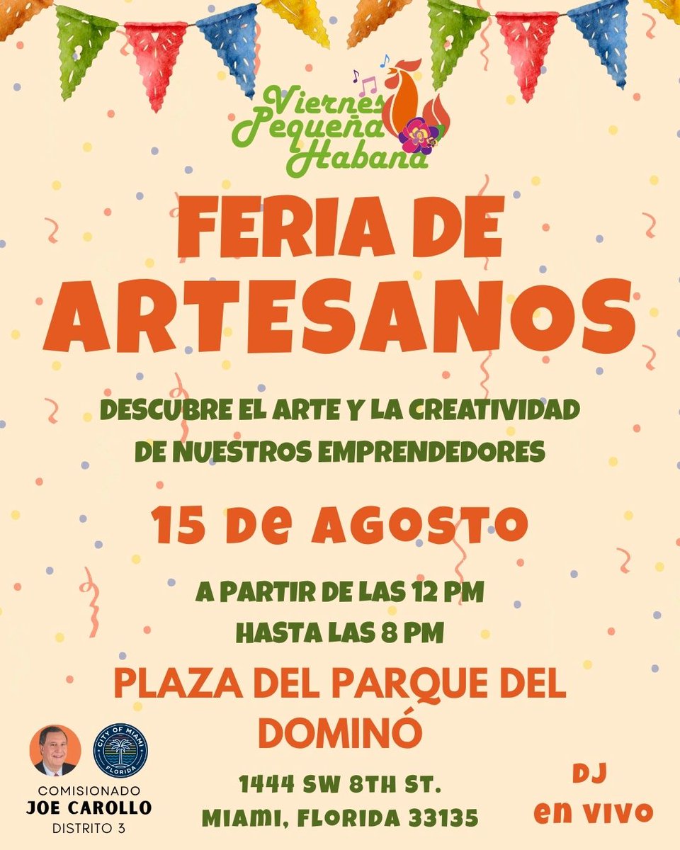 CityofMiami's tweet photo. 🎨✨ ¡Descubre el arte y la creatividad en la Feria de Artesanos! Ven el 15 de agosto de 12 PM a 8 PM en la Plaza del Parque del Dominó. @joecarollonow #EventosMiami #FeriaDeArtesanos #ApoyaLocal https://t.co/VEIoDokqi6