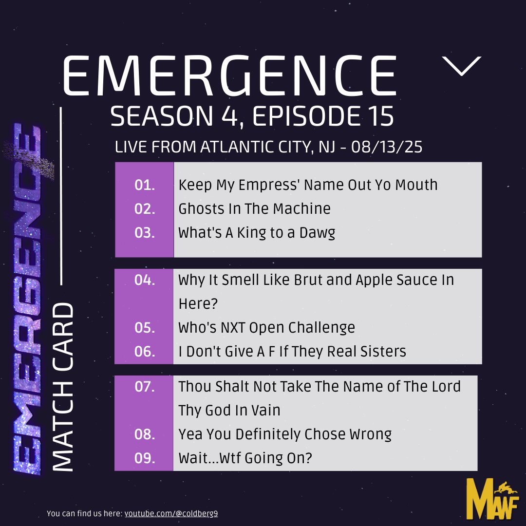 Loud MAWF ๐ฃ๏ธ๐ต (@loudmawf) on Twitter photo Sheesh - it's already Wednesday again! This evening's #MAWFEmergence S4:E15 show is live from Atlantic City, NJ! Your match card is below.
Look. It's Hump Day. Stay hydrated, please. I'll see you later over at twitch.tv/coldberg9 ๐ฎโ๐จ #MAWF #Wrestling #WWE2K25 Sheesh - it's already Wednesday again! This evening's #MAWFEmergence S4:E15 show is live from Atlantic City, NJ! Your match card is below.
Look. It's Hump Day. Stay hydrated, please. I'll see you later over at twitch.tv/coldberg9 ๐ฎโ๐จ #MAWF #Wrestling #WWE2K25