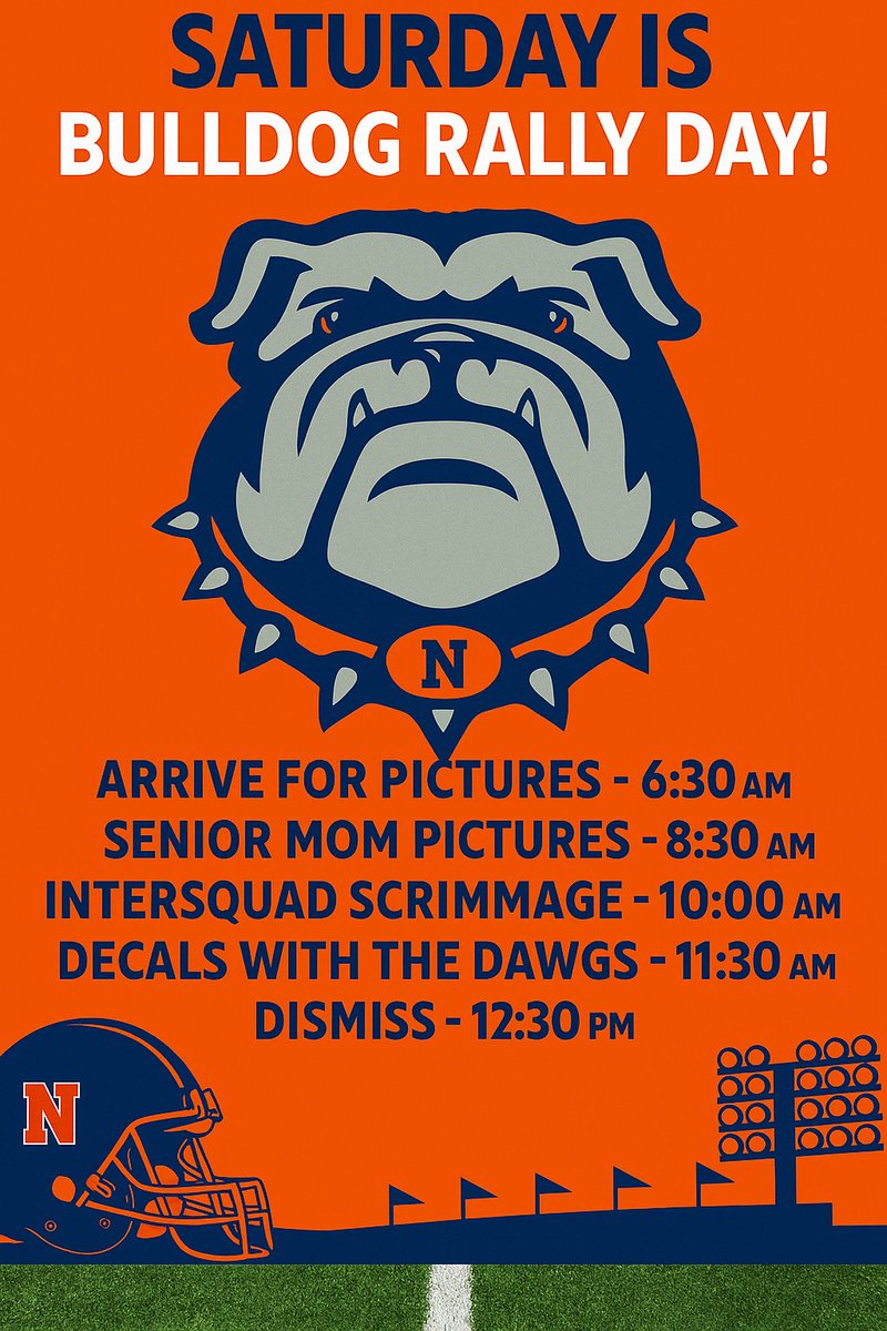 This Saturday — come kick off the season with your Dawgs!

📸 Arrive for pictures - 6:30 AM
💐 Senior mom pictures – 8:30 AM
🏈 Intersquad scrimmage – 10:00 AM
🎨 Decals with the Dawgs – 11:30 AM
⏰ Dismiss – 12:30 PM

💙🧡 Come out and show your Bulldog pride! 

#Bulldognation