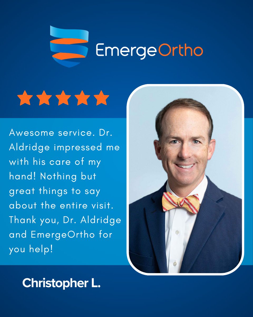 We’re grateful for the kind words about Dr. Aldridge! Patient feedback means everything! 

He sees patients in Chapel Hill &amp; Durham.

Learn more or book: hubs.ly/Q03s06nr0

#PatientReview #EmergeOrtho