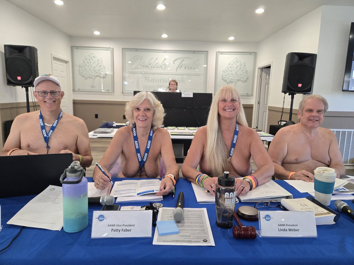 Your <a href="/aanr_nudism/">AANR</a> Board at the Convention at <a href="/OaklakeTrails/">Oaklake Trails Naturist Park</a>. We had almost 30 people in-person and 44 attendees online. We will reconvene tomorrow so come join us and see what Leadership is doing for its members. L-R Mitch, Patty, Linda, Erich.