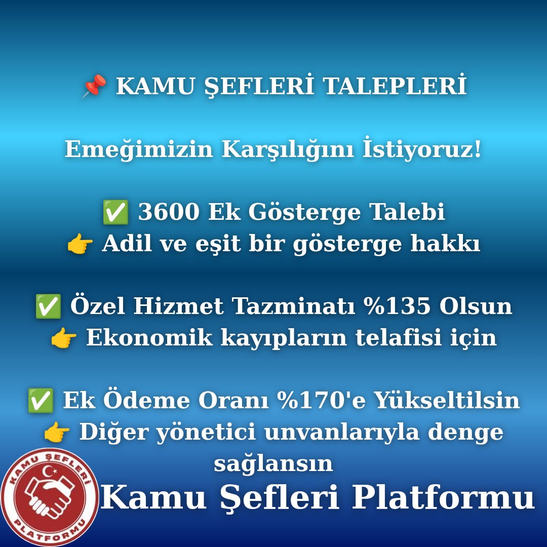 KamuSefleri's tweet photo. 📢 8. Dönem Toplu Sözleşme Teklifi kabul edilemez!
Kamu Şefleri olarak talebimiz net:
📌 3600 Ek Gösterge
📌 %135 Tazminat
📌 %170 Ek Ödeme
#YetersizTeklifeHayır #KamuŞefleri
@RTErdogan @isikhanvedat @memetsimsek @MemurSenKonf @Kamu_Sen @_aliyalcin_ @OnderKahveci https://t.co/gy9h97311a