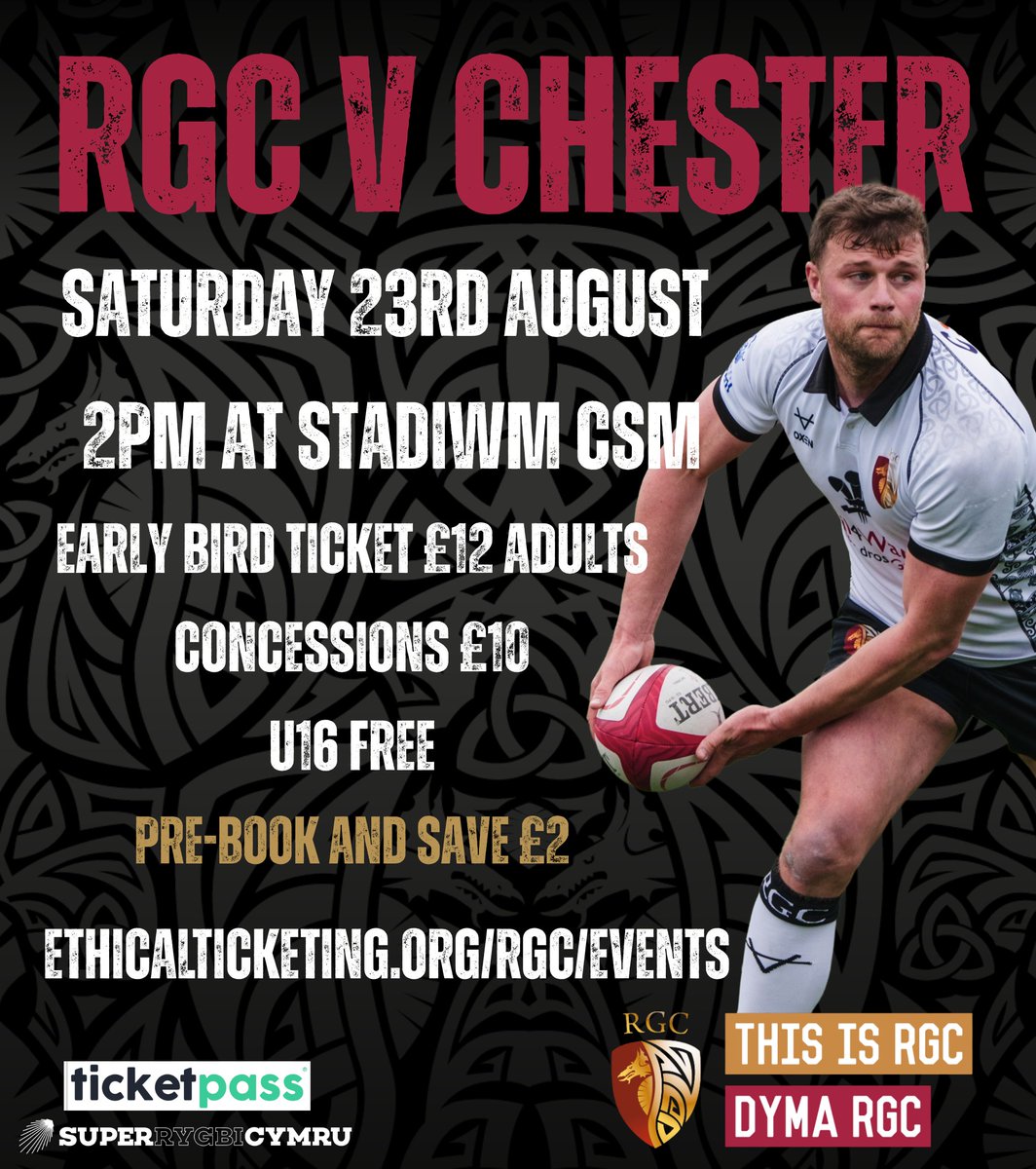 RGCnews🏉 (@rgcnews) on Twitter photo Chester tickets on sale now. We get set for Saturday 23rd August.
Tocynnau ar gyfer y gêm yn erbyn Caer ar werth nawr Rydym ni yn paratoi ar gyfer Dydd Sadwrn 23ain o Awst
<a href="/ChesterRUFC/">Chester RUFC</a> <a href="/StadiwmCSM/">Stadiwm CSM</a>
🔗ethicalticketing.org/rgc/events Chester tickets on sale now. We get set for Saturday 23rd August.
Tocynnau ar gyfer y gêm yn erbyn Caer ar werth nawr Rydym ni yn paratoi ar gyfer Dydd Sadwrn 23ain o Awst
<a href="/ChesterRUFC/">Chester RUFC</a> <a href="/StadiwmCSM/">Stadiwm CSM</a>
🔗ethicalticketing.org/rgc/events