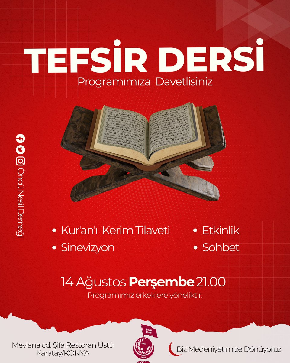 Erkeklere Yönelik Tefsir Dersine Davet 📢

🗓 14 Ağustos #Perşembe
🕑 21.00

Tefsir derslerine katılmak ve bilgi almak için bizimle iletişime geçebilirsiniz.