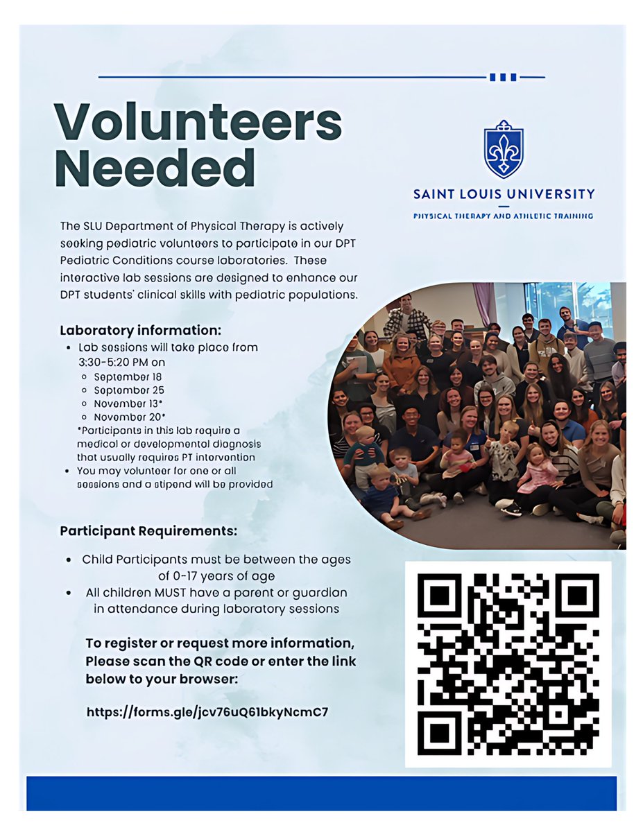 SLU_PT's tweet photo. The SLU Department of Physical Therapy is looking for pediatric volunteers to participate in hands-on lab sessions that help students build essential clinical skills! Sign up or learn more using the link below:
https://t.co/w8NcpH9KMB 👣💙
#SLUPT #Pediatric https://t.co/oef3l43C7y