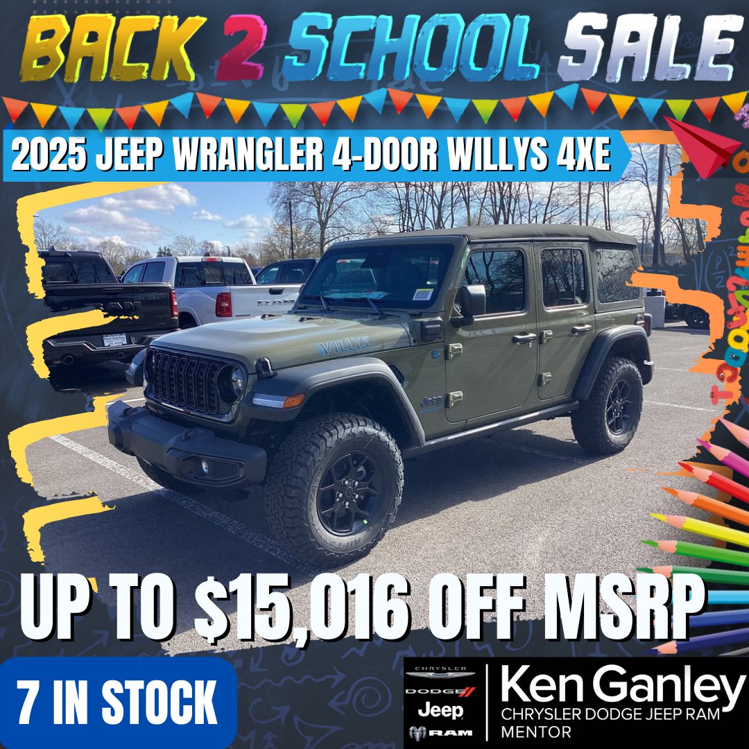 Back 2 School Sale going on now! 2025 Jeep Wrangler 4-DOOR WILLYS 4xe up to $15,016 OFF MSRP. Contact us to schedule a test drive today! (440) 354-4368

#KenGanleyCDJRmentor #newcars #usedcars #jeep #chrysler #dodge #ram #mentor #ohio

l8r.it/wclh