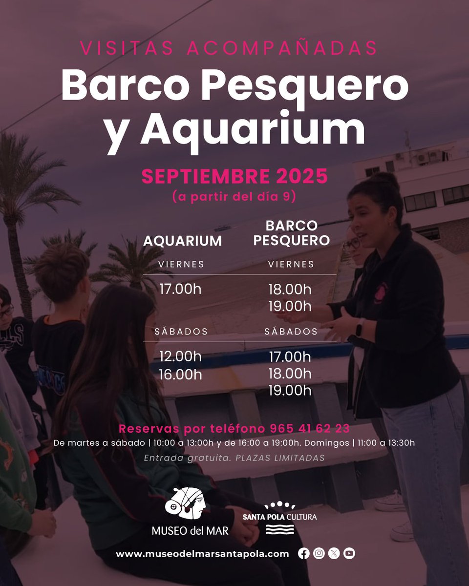 #SEPTIEMBRE 👉🏼 Descubre el #BarcoPesqueroEstebanGonzález y el #AquariumSantaPola en las visitas acompañadas gratuitas todos los viernes y sábados a partir del día 9
ℹ️ Plazas limitadas. Reservas ☎️ 965 41 62 23 

#culturamarinera #acuario #MuseodelMarSantaPola #cultura #SantaPola