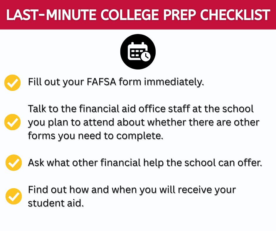 Are you or someone you know starting college soon, but still need to apply for financial aid? It’s not too late!

Here’s a “must do” financial aid checklist from Federal Student Aid: studentaid.gov/.../prepare...…