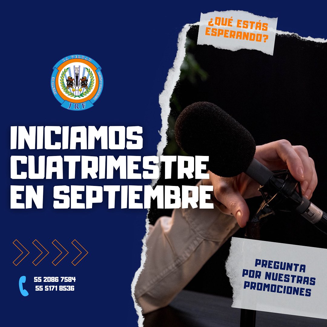 ¿Estás buscando universidad? Ya puedes inscribirte para el cuatrimestre que inicia en septiembre. ¡No dejes pasar esta gran oportunidad! 💯🎙️

Informes aquí:📱55 2086 7584 📞 55 5171 8536
📩 relacionespublicasjrf@gmail.com