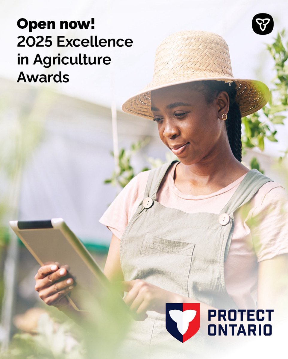 Nominations are open for the 2025 Excellence in Agriculture Awards!

Help us honour individuals, businesses &amp; organizations leading with innovation in Ontario's agri-food sector.

Learn more &amp; nominate: ontario.ca/page/excellenc…