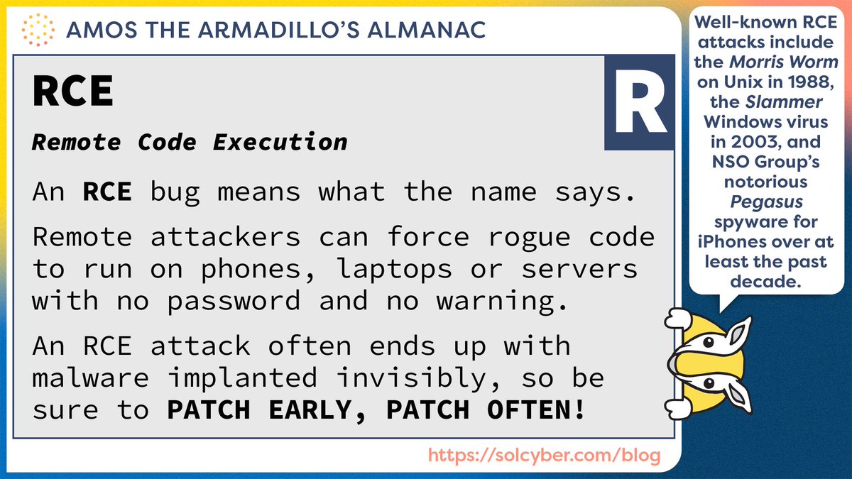 Paul Ducklin (@duckblog) on Twitter photo ๐๐บ๐ผ๐'๐ ๐๐น๐บ๐ฎ๐ป๐ฎ๐ฐ: Remote Code Execution - the cyber-attacker's favored partner-in-crime.
Lots of plain-English advice from Amos and the team on the โ๏ธ<a href="/SolCyberMSS/">SolCyber Managed Security</a> blog:
solcyber.com/blog
#AtAA #AmosAlmanac ๐๐บ๐ผ๐'๐ ๐๐น๐บ๐ฎ๐ป๐ฎ๐ฐ: Remote Code Execution - the cyber-attacker's favored partner-in-crime.
Lots of plain-English advice from Amos and the team on the โ๏ธ<a href="/SolCyberMSS/">SolCyber Managed Security</a> blog:
solcyber.com/blog
#AtAA #AmosAlmanac