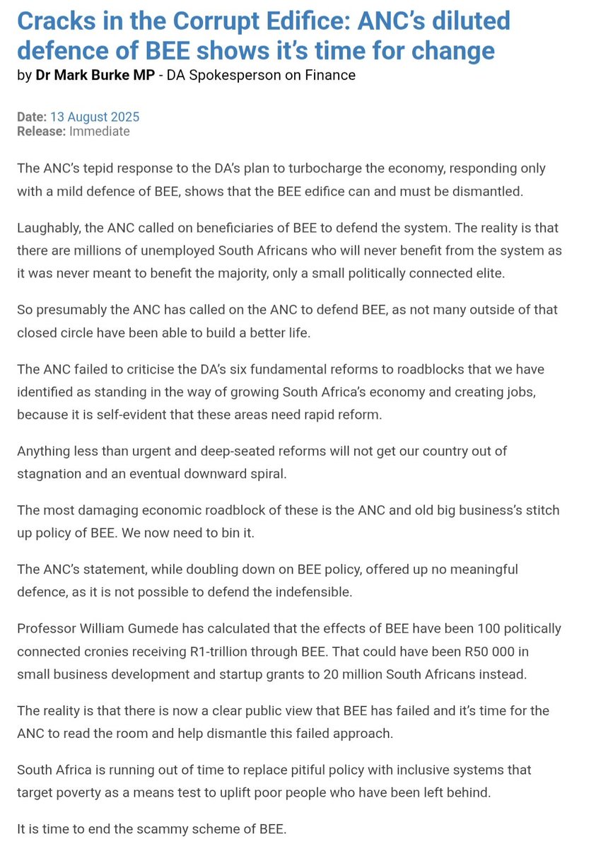 Indeed, having reviewed the ANC's statement yesterday in defence of BEE, it almost had a tone of resignation in it. There was no real defence, just some broad appeal for beneficiaries to defend it, the 100 cronies who earned R1 trillion. The walls are coming down.