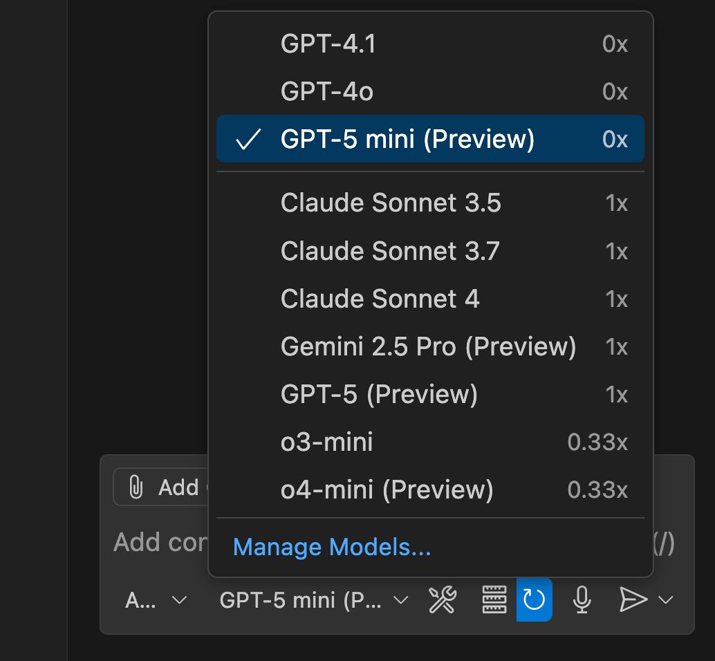 Visual Studio Code (@code) on Twitter photo Starting today, GPT-5 mini is available in <a href="/code/">Visual Studio Code</a>!
With a 0x multiplier, GPT-5 mini is a lightweight version of OpenAI's most advanced model. Try it out and let us know what you think! Starting today, GPT-5 mini is available in <a href="/code/">Visual Studio Code</a>!
With a 0x multiplier, GPT-5 mini is a lightweight version of OpenAI's most advanced model. Try it out and let us know what you think!