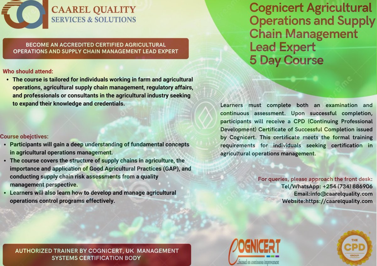 caarelquality's tweet photo. 🌾 Ready to Lead in Agriculture &amp; Supply Chain Management?

Join our 5-day CPD-accredited training and learn:
✔️ Agricultural operations mastery
✔️ Good Agricultural Practices (GAP)
✔️ Quality risk assessment
✔️ Control program management https://t.co/u6rp83P6bv
