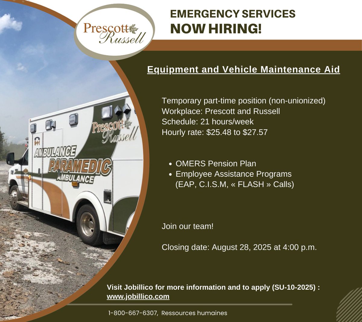 NOW HIRING! EMERGENCY SERVICES
EQUIPMENT AND VEHICLE MAINTENANCE AID

👉 THE JOB
- Temporary part-time position (non-unionized)
- Schedule: 21 hours per week
- Hourly rate: $25.48 to $27.57

👇 TO APPLY
- Jobillico: jobillico.com/en/job-offer/p…
