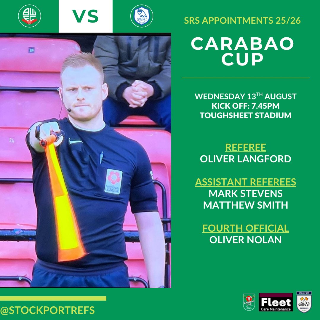 ⭐️ Good luck to our member, Oliver Nolan who will be the Forth Official in the Carabao Cup game at Bolton.
